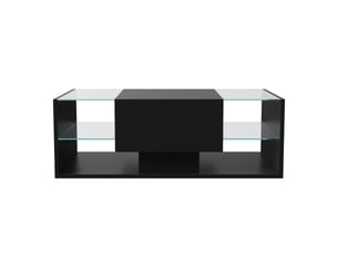 Table basse salon - design flottant avec éclairage led - double rangement et tiroir - plateau verre trempé - noir