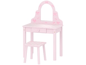 Coiffeuse enfant 2 en 1 avec tabouret et miroir mdf et pin rose et blanc 55x34x82 cm