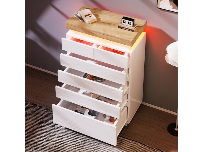  Commode 6 tiroirs 73x39x115 cm avec éclairage led, meuble de rangement finition brillante en mdf et panneaux de particules - blanc  - Conforama D