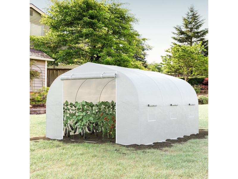  Serre de jardin serre tunnel de jardin dim. 3,5l x 3l x 2h m porte + 6 fenêtres enroulables acier galvanisé bâche pe haute densité blanc  - Conforama D