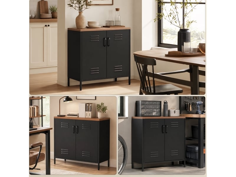  Buffet en métal avec 2 portes, étagère réglable et sécurité anti-basculement pour salon, noir, 80 × 40 × 80 cm  - Conforama E