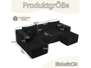 Canapé d’angle modulable 3 places noir en velours côtelé doux avec deux poufs amovibles, porte-gobelets et coussins inclus