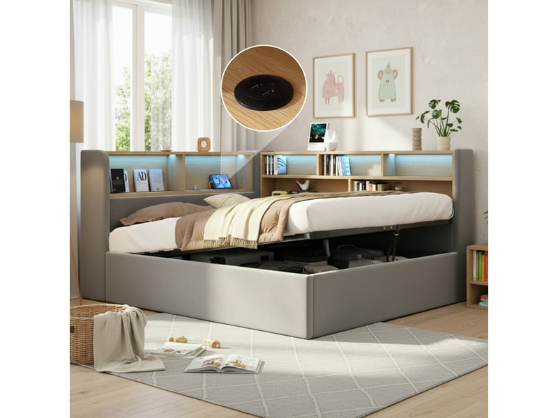  Lit banquette coffre 140x200 cm avec rangement hydraulique, led, usb et usb-c, tête de lit avec étagères, sommier à lattes, velours, gris  - Conforama D