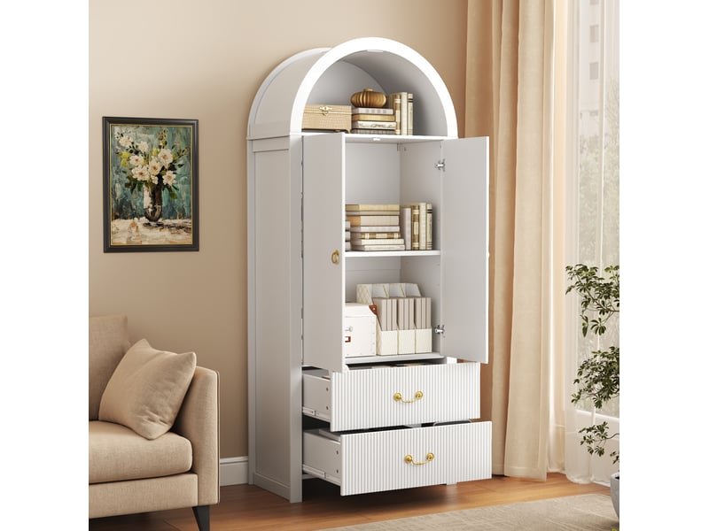 Buffet haut de rangement 76x38x180 cm avec niche ouverte et éclairage led, en panneau de particules et mdf, blanc  - Conforama D