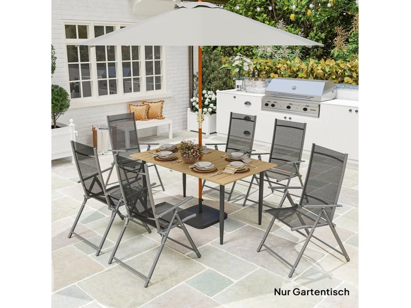  Table de jardin 150 x 90 cm – marron – acier résistant aux intempéries, trou pour parasol central  - Conforama D