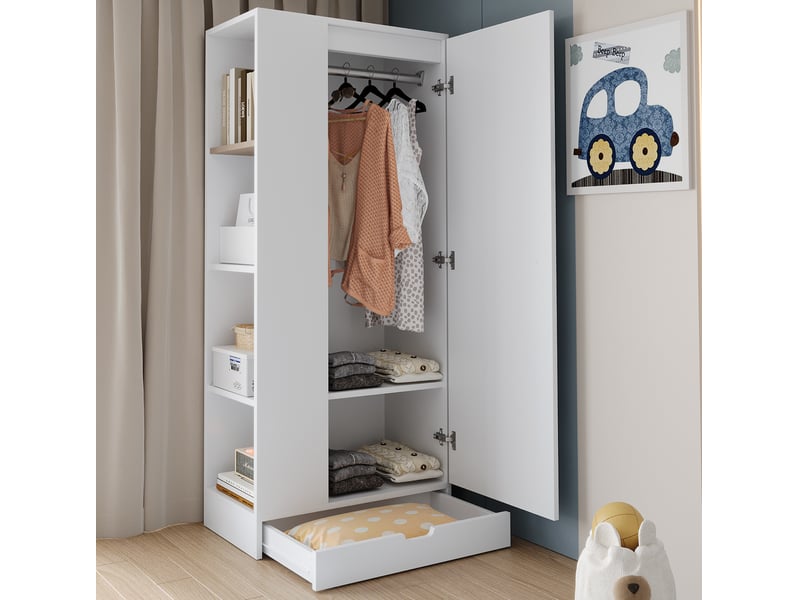 Armoire avec 1 porte, étagères et tiroirs, rangement modulable pour chambre ou bureau, en bois blanc, 70 × 40 × 170 cm - Conforama B