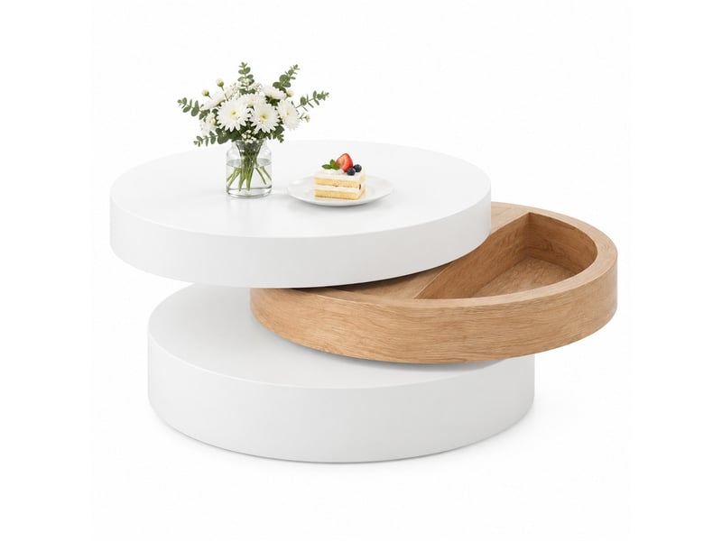 Table basse ronde 60 x 60 x 35,1 cm en mdf pivotante avec rangement blanc et naturel chicfurn - Conforama A