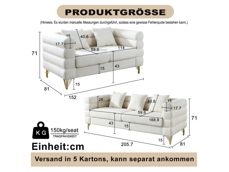 Canapé 5 places 3+2 blanc en tissu bouclette, pieds en métal doré et coussins décoratifs assortis - Conforama C