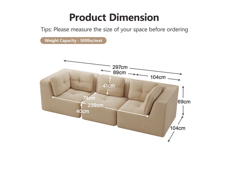 Canapé d'angle modulaire avec assise profonde, dossier souple et larges accoudoirs, en velours côtelé beige - Conforama E