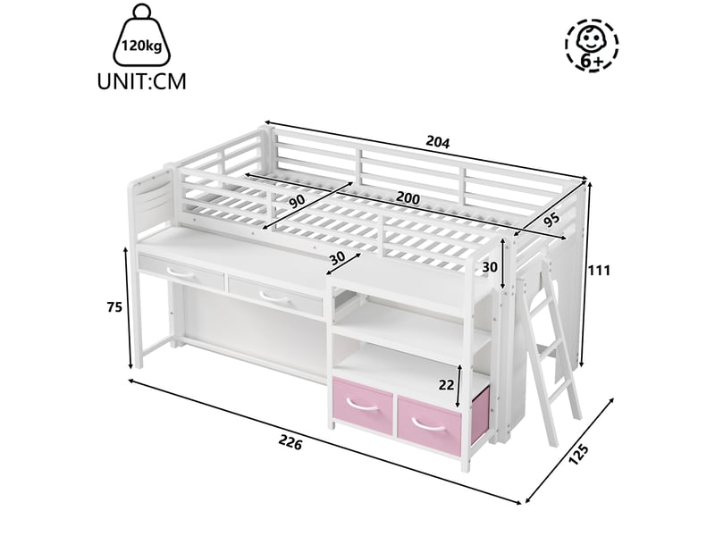 Lit mezzanine enfant 90x200 cm à structure en métal blanc avec bureau, rangements, led multicolore, sans matelas - Conforama C