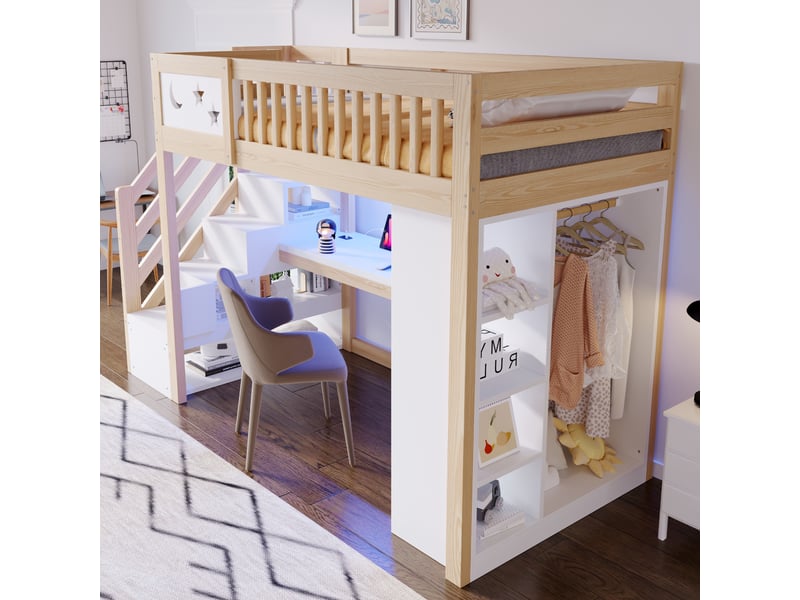 Lit mezzanine en bois 90 x 200 cm – avec barrières de sécurité – avec éclairage led – avec prise électrique – blanc + naturel(matelas non inclus) - Conforama D