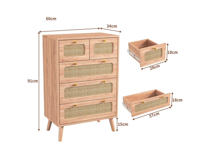  Commode avec 5 tiroirs, 60x34x91cm, meuble de rangement, en bois et métal, façades en rotin, style naturel, couleur bois  - Conforama E