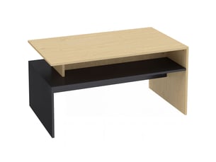 Table basse avec niche ouverte et niveaux décalés, finition bicolore noire et bois naturel, en mdf, 95 × 55 × 50 cm