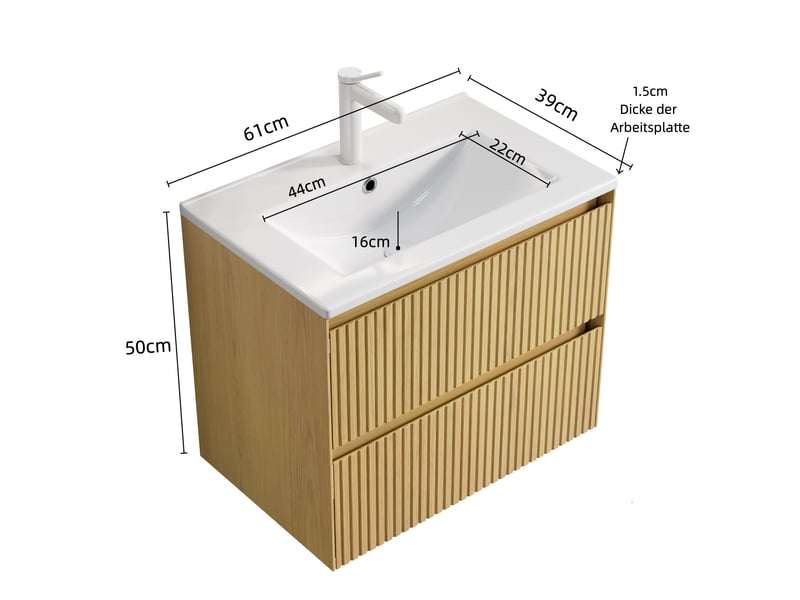  Meuble sous vasque suspendu avec 2 tiroirs et lavabo en céramique pour salle de bain, 61 cm, chêne doré et blanc  - Conforama D