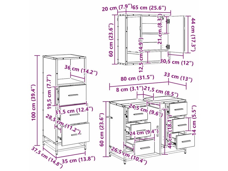  Ensemble de mobilier de salle de bain 3 pc chêne artisanal cf64302  - Conforama E