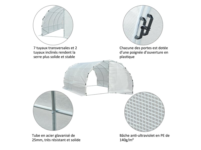 Serre de jardin tunnel surface sol 12 m² 4l x 3l x 2h m châssis tubulaire renforcé 25 mm double porte avec poignées blanc - Conforama E