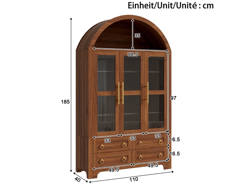  Buffet haut 110x40x185 cm, 3 portes vitrées, 4 tiroirs, niche arche ouverte, mdf et panneaux de particules noyer  - Conforama C