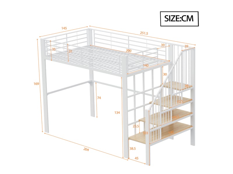  Lit mezzanine 140x200 cm, escalier sécurisé, rangement sous le lit spacieux, métal robuste, bois et métal, blanc sans matelas  - Conforama C