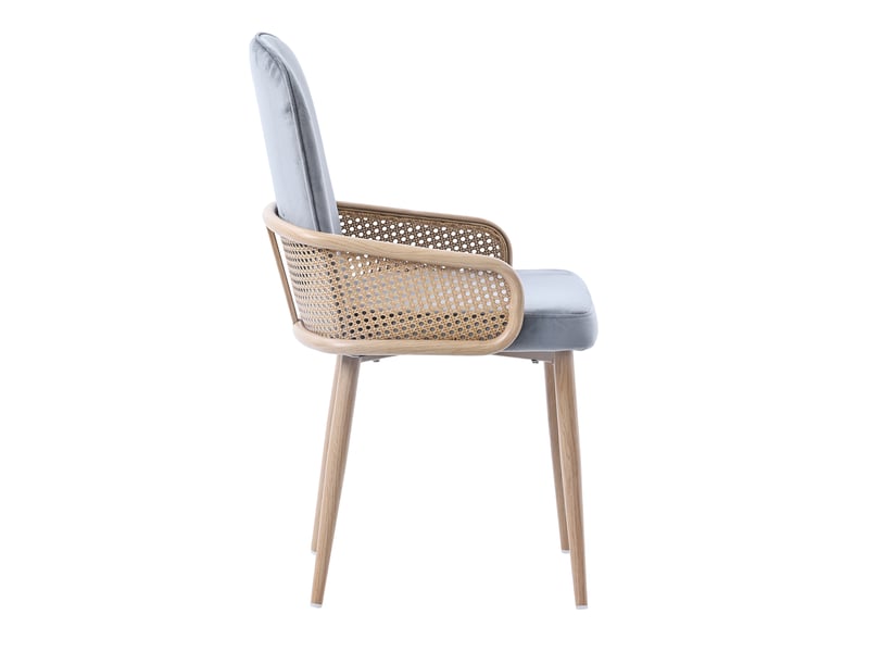  Chaise de salle à manger lot de 2 à dossier effet rotin  - pieds métal finition bois, velours gris  - Conforama E