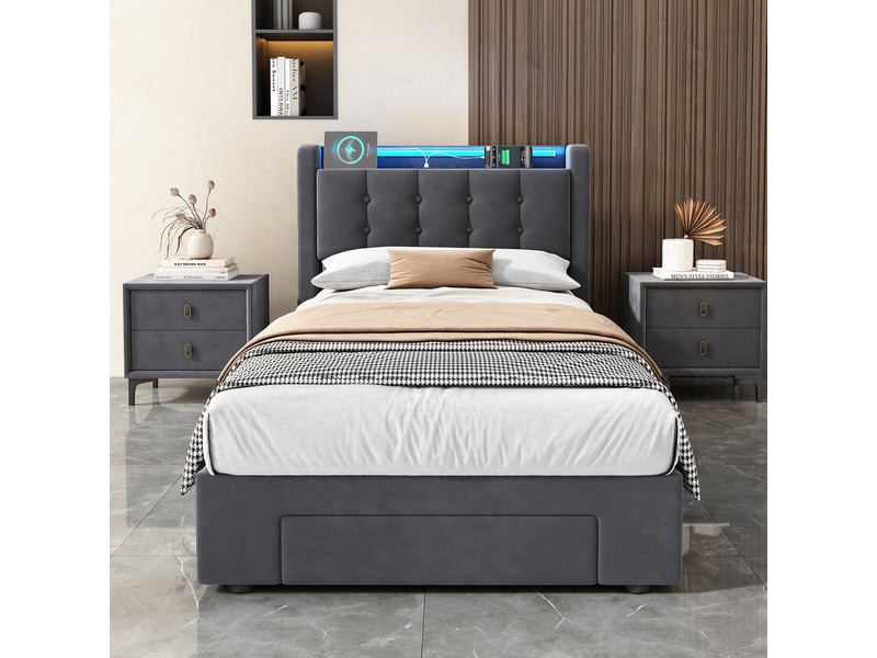  Lit coffre simple 90x200 cm avec led et tiroir, coloris gris  - Conforama B