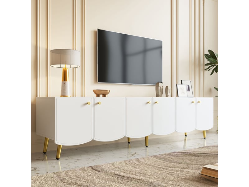  Meuble tv 180 cm avec rangement, 6 portes, design blanc avec pieds et poignées dorés, meuble bas moderne pour salon  - Conforama E