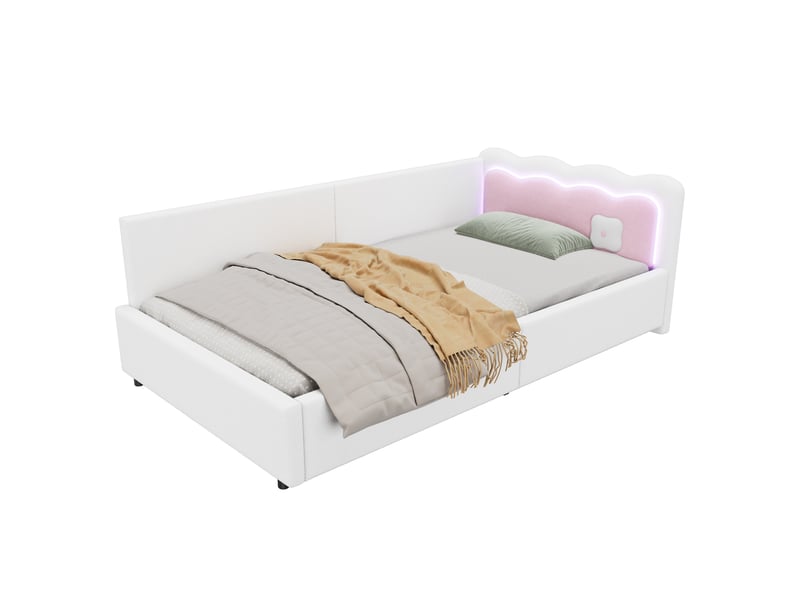 Modenvie lit banquette 90x200 cm - avec éclairage led et tête de lit color block, sans matelas - blanc  - Conforama A