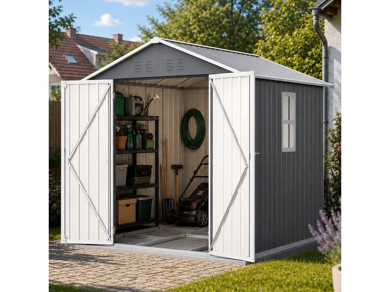  Abri de jardin en métal 184,8 x 182 x 191,1 cm, rangement extérieur avec fenêtre, double porte verrouillable, aérations et base, gris Luxe haut de gamme - Conforama E