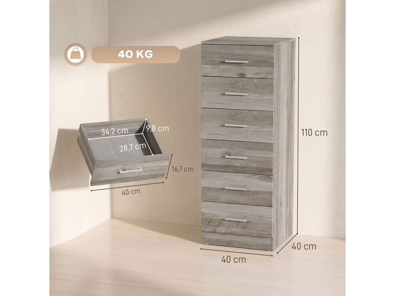 Commode à 6 tiroirs, commode haute de chambre avec dispositif anti-basculement, 40 x 40 x 110 cm, gris clair  - Conforama E