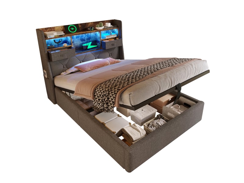  Lit coffre, lit simple 90x200 cm en lin gris avec rangement hydraulique, led, 3 ports usb et type-c, matelas inclus  - Conforama A