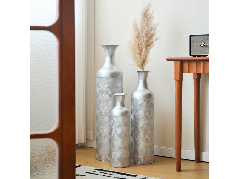 Lot de 3 vases de sol à motif ondulé 506683 cm en métal argenté - Conforama C