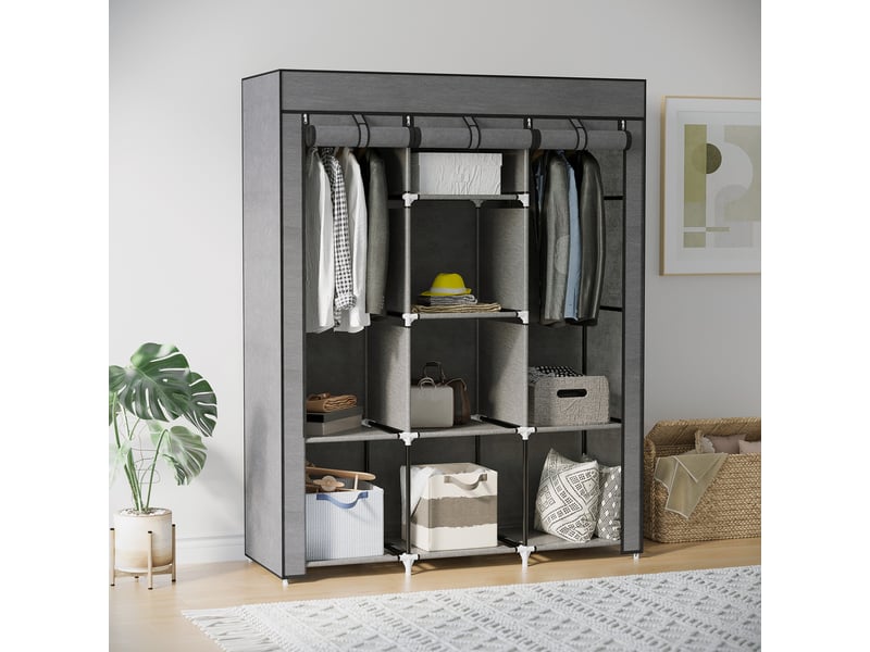  Armoire penderie multi-rangement - 8 étagères, 2 barres - non tissé gris  - Conforama C