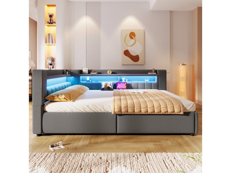 Lit coffre hydraulique 140x200 cm avec led et usb-c, tissu lin gris, structure mdf, sans matelas - Conforama W