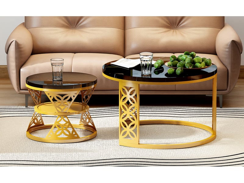  Table basse gigogne 2 pièces effet marbre noir et structure dorée homvra  - Conforama C