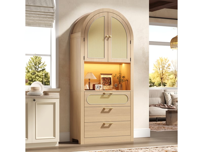 Buffet haut arqué 80x35x180 cm meuble de rangement avec 2 portes effet cannage, niche led multicolore, 3 tiroirs, mdf,pb, effet chêne clair - Conforama D