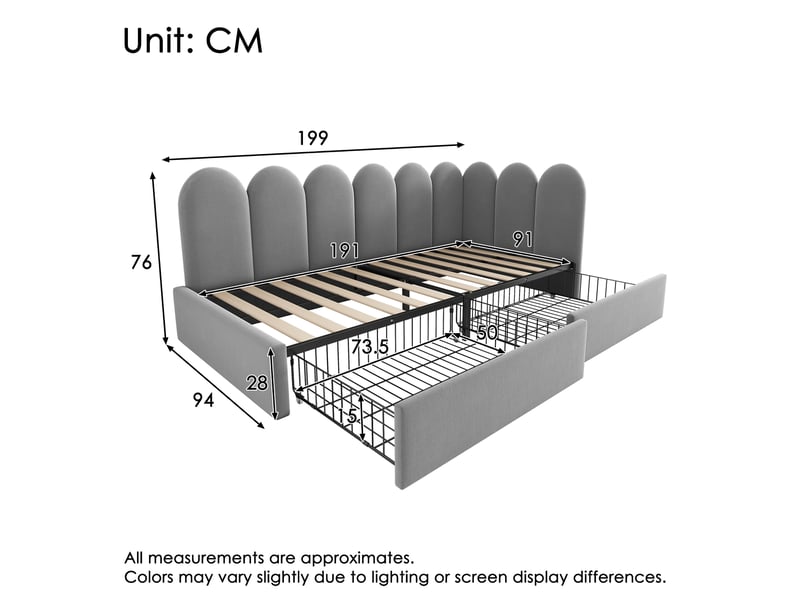 Lit banquette 90x190 cm lit simple avec 2 tiroirs, côtés réversibles, sommier à lattes, velours gris Seren Glow - Conforama C