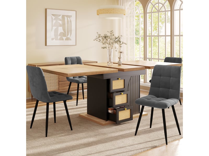  Table à manger extensible 110-140 x 80 x 76 cm, avec 3 tiroirs et placard fermé, façades aspect rotin, poignées dorées, noir  - Conforama E