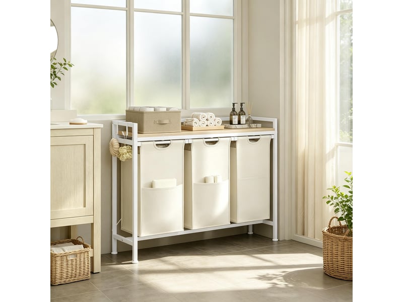  Meuble panier à linge 3 bacs amovibles métal et tissu oxford 96 x 30 x 71 cm  - Conforama B