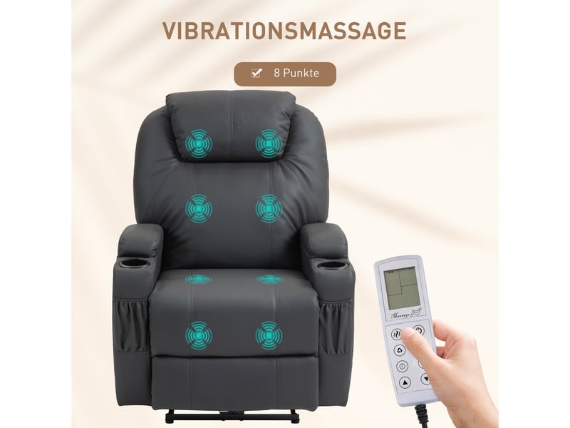 Fauteuil relax électrique massant en similicuir gris foncé, 8 points, inclinable à 165 degrés, pour salon et lecture - Conforama D