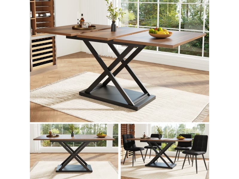  Table à manger extensible 120-160 x 80 cm, avec pieds en fer noir entrecroisés, couleur noyer  - Conforama D