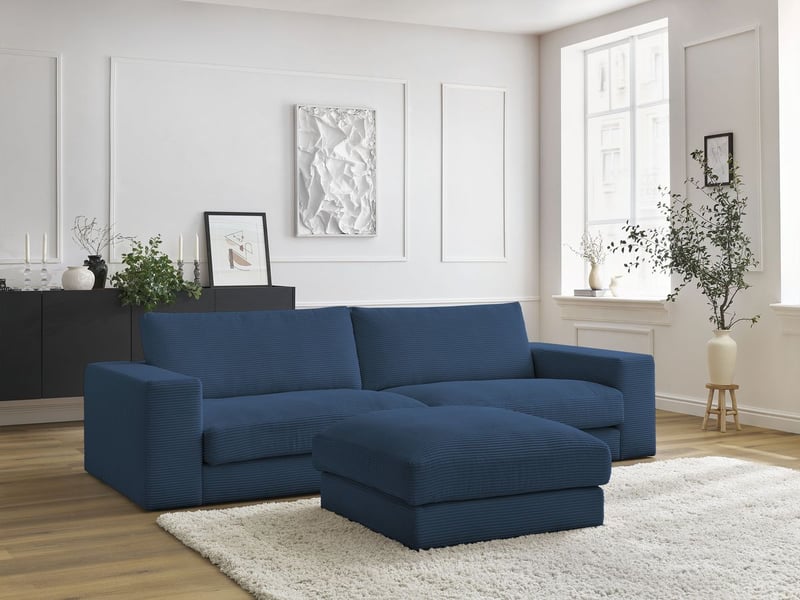  Bobochic canapé droit fixe 3 places leonard velours côtelé avec pouf bleu foncé LEONARD - Conforama C