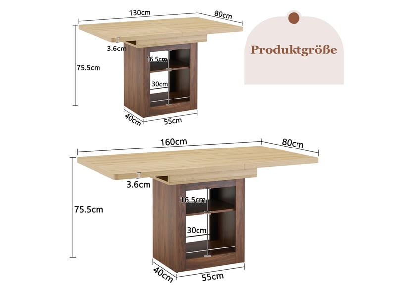 Table à manger extensible, table extensible 130-160x80 cm, table repas 2 à 6 personnes, rangement, mdf, naturel et noyer - Conforama C