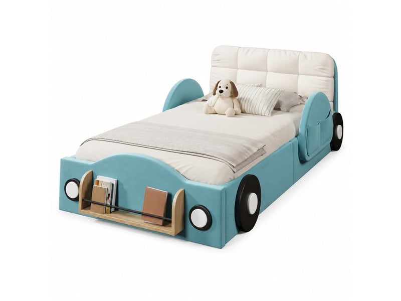  Lit enfant 90 × 200 cm avec sommier relevable hydraulique, rangement, poches latérales et étagère à livres, bleu  - Conforama A