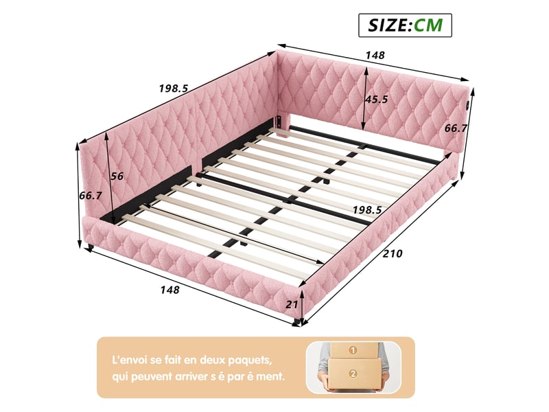  Kefsr lit d'angle 140x200 cm avec éclairage led et ports usbtype-c, lit banquette capitonné en tissu bouclette avec sommier à lattes, lit double, rose  - Conforama C