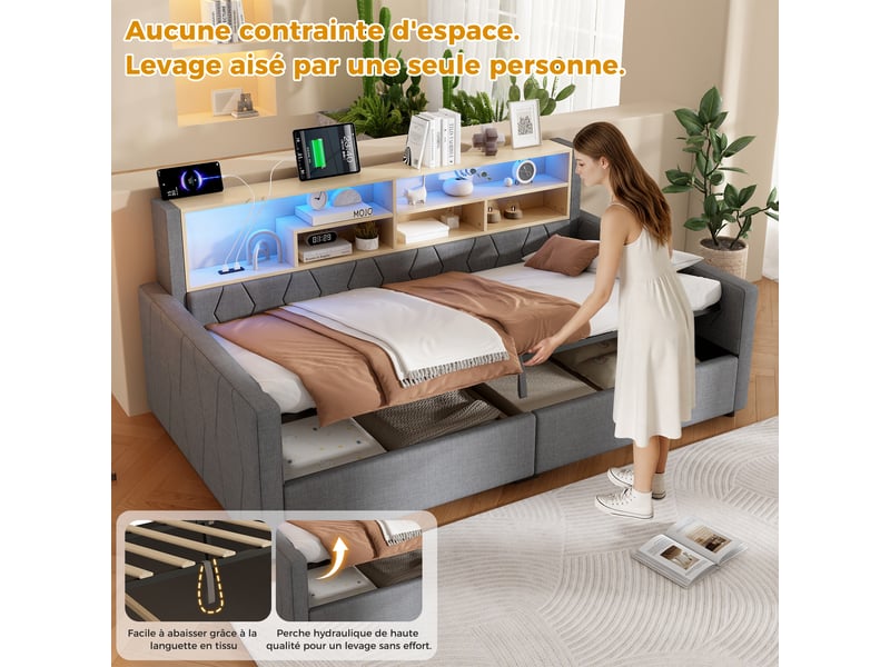  Canapé-lit coffre 90 x 200 cm - avec prise électrique - avec port usb - avec bande lumineuse led - beige (matelas non inclus)  - Conforama R