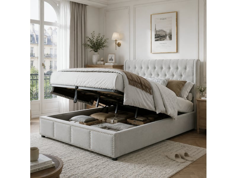  Lit coffre 180 x 200 cm en coton-lin avec sommier à lattes, sans matelas, gris clair  - Conforama B