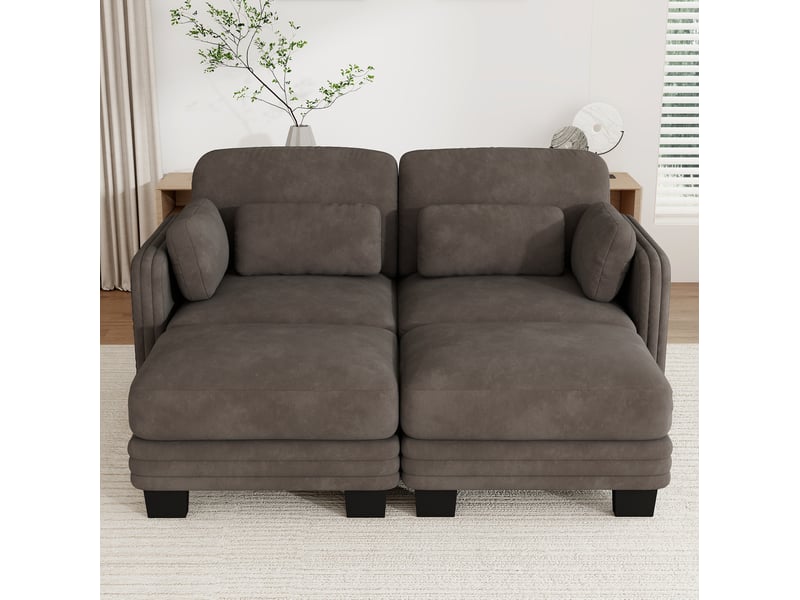  Canapé droit 2 places modulable en chenille marron avec 2 ottomanes  - Conforama E