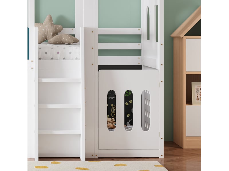 Lit mezzanine enfant 90 × 200 cm 1 place avec armoire de rangement et espace de jeu, sans matelas, blanc - Conforama E