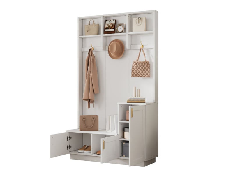  Ensemble dressing blanc pour entrée et couloir: banc, range-chaussures, étagères vestiaire, 3 crochets, h200×l120×p40 cm  - Conforama A