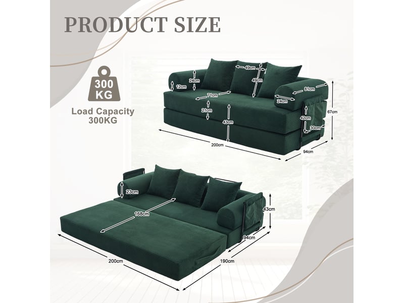  Canapé modulable modenvie 3 places en velours côtelé vert émeraude 200 x 94 x 67 cm  - Conforama C