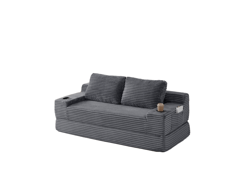  Canapé convertible modenvie 2 places en velours côtelé gris avec porte-gobelets et poches de rangement 180 x 85 x 62 cm  - Conforama A